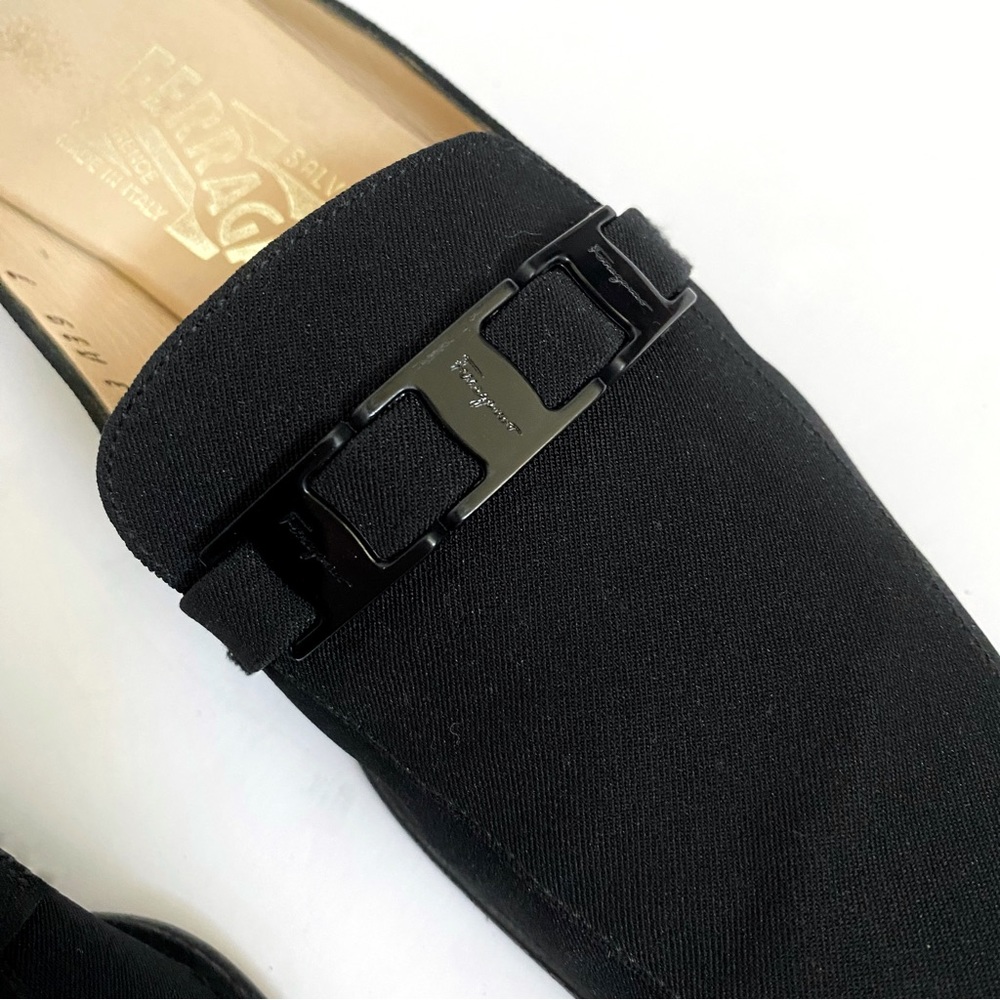 SALVATORE FERRAGAMO black fabric buckle strap detail slip on mules loafer - Picture 8 of 13